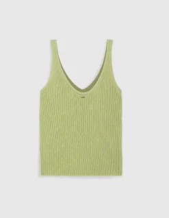 Pull sans manches vert tricot côtelé Femme