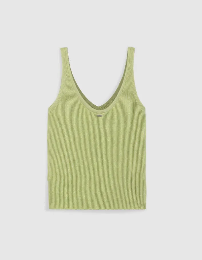 Pull sans manches vert tricot côtelé Femme
