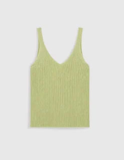 Pull sans manches vert tricot côtelé Femme