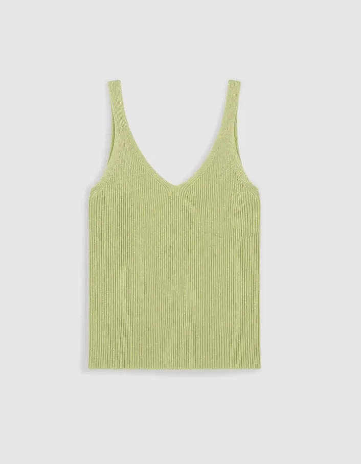 Pull sans manches vert tricot côtelé Femme