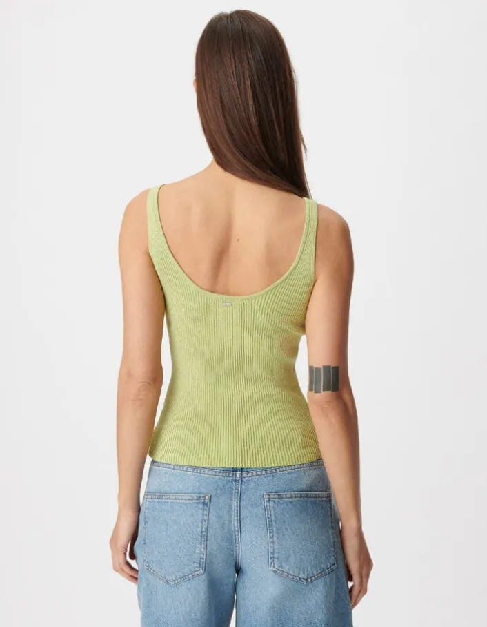 Pull sans manches vert tricot côtelé Femme
