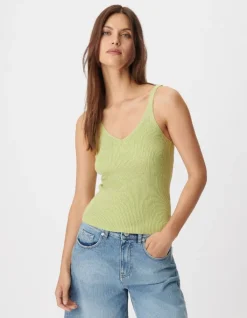 Pull sans manches vert tricot côtelé Femme