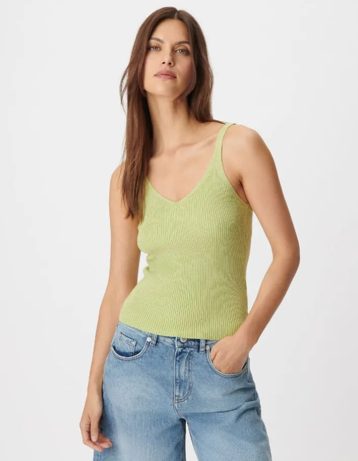 Pull sans manches vert tricot côtelé Femme