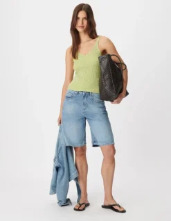 Pull sans manches vert tricot côtelé Femme
