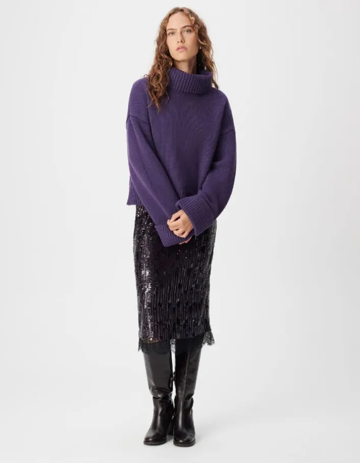 Pull violet tricot 100% laine maxi col roulé Femme