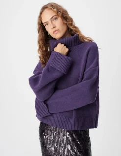Pull violet tricot 100% laine maxi col roulé Femme