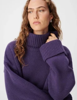 Pull violet tricot 100% laine maxi col roulé Femme