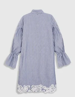 Robe chemise rayures bleue détail broderies dentelle Femme