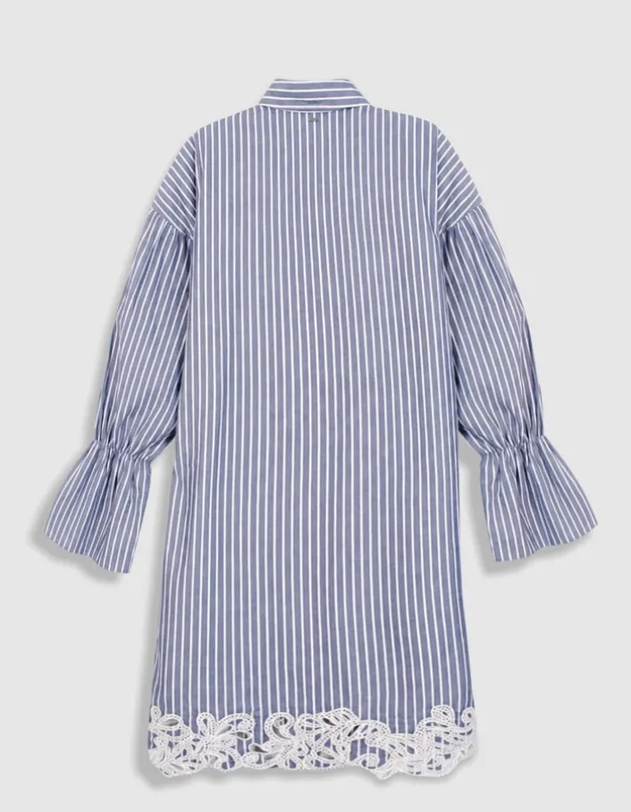 Robe chemise rayures bleue détail broderies dentelle Femme