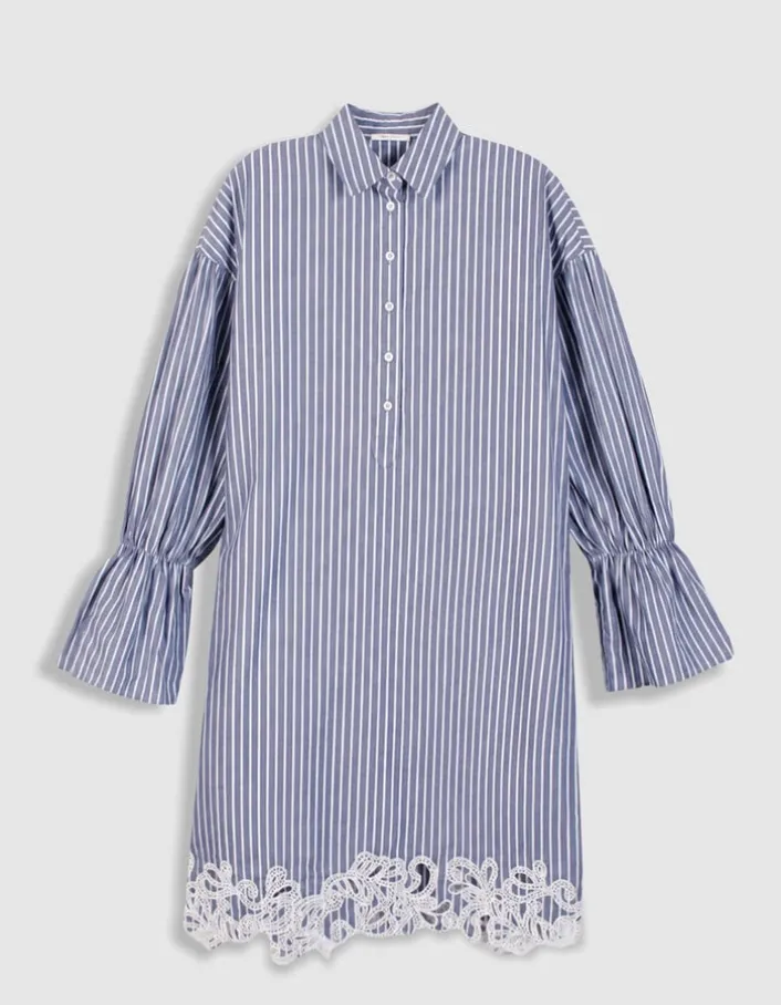 Robe chemise rayures bleue détail broderies dentelle Femme