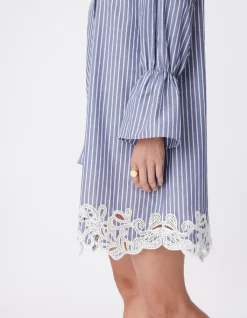 Robe chemise rayures bleue détail broderies dentelle Femme