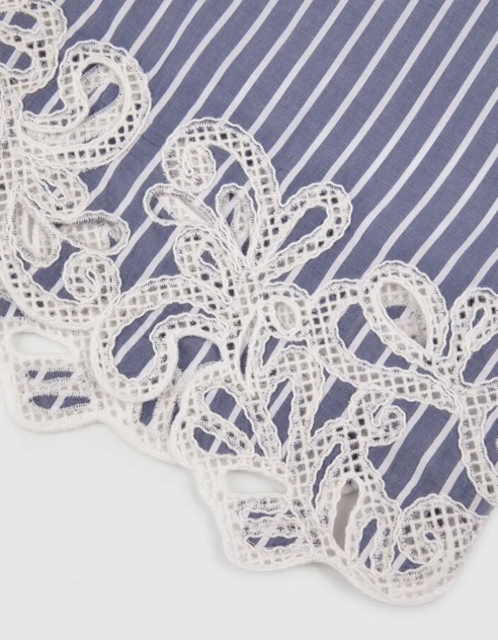 Robe chemise rayures bleue détail broderies dentelle Femme