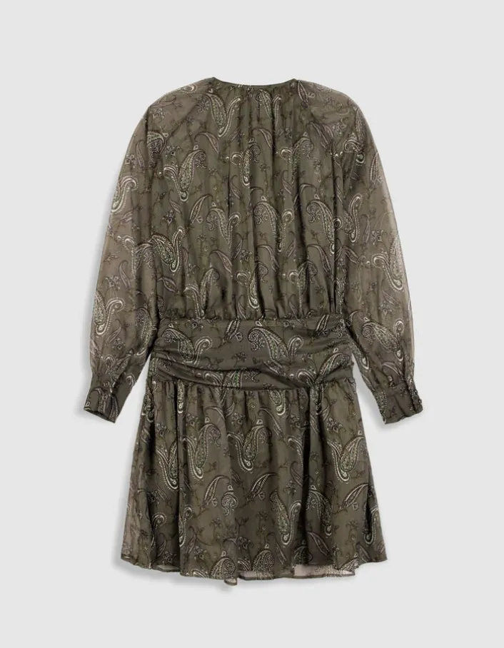 Robe courte kaki imprimé cachemire taille drapée Femme