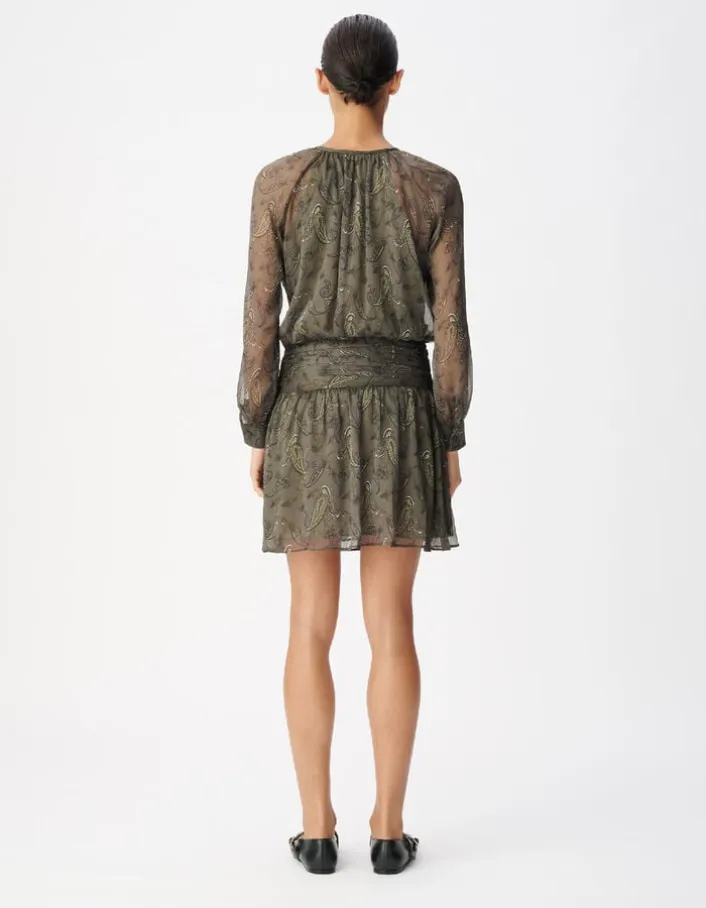 Robe courte kaki imprimé cachemire taille drapée Femme