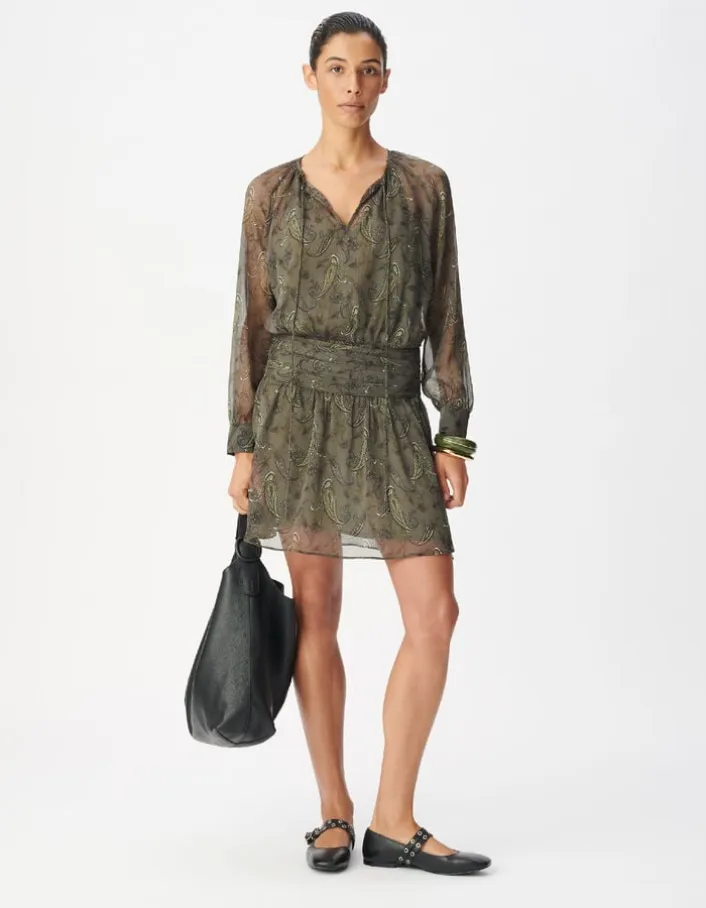Robe courte kaki imprimé cachemire taille drapée Femme