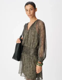 Robe courte kaki imprimé cachemire taille drapée Femme