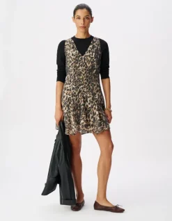 Robe courte marron motif léopard Femme
