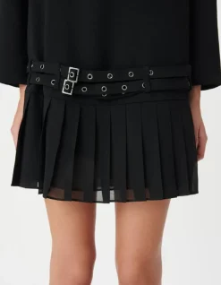 Robe courte noire plissée avec ceinture à œillets Femme