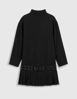 Robe courte noire plissée avec ceinture à œillets Femme