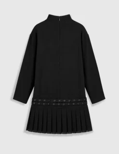 Robe courte noire plissée avec ceinture à œillets Femme