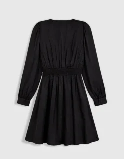 Robe courte noire satinée avec petits boutons Femme