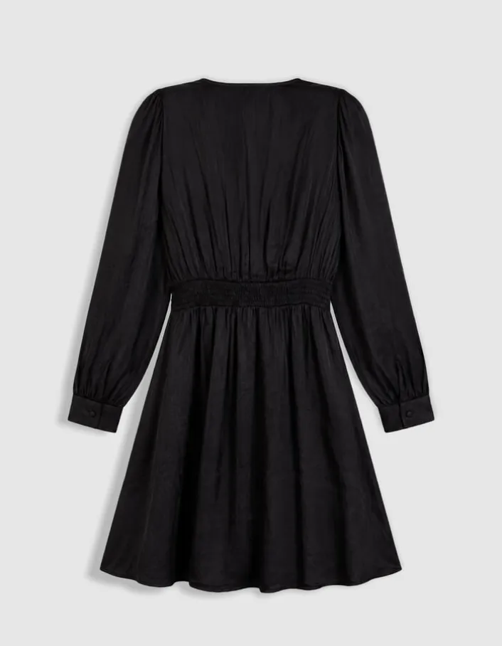 Robe courte noire satinée avec petits boutons Femme