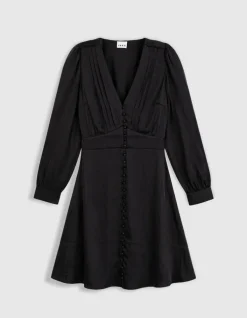 Robe courte noire satinée avec petits boutons Femme