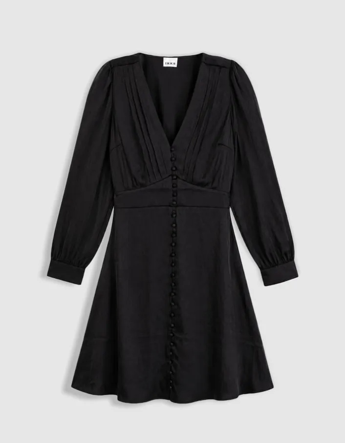Robe courte noire satinée avec petits boutons Femme