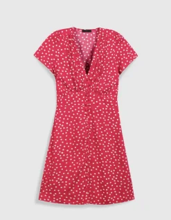 Robe encolure V rose imprimé pois Femme