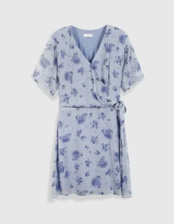 Robe fluide bleue imprimé fleurs à nouer côté Femme