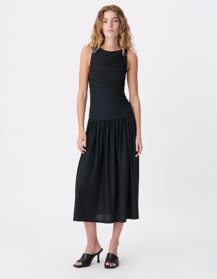 Robe fluide noire buste drapé Femme