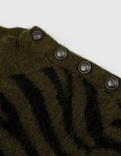 Robe kaki et noir tricot motif zèbre col boutonné Femme