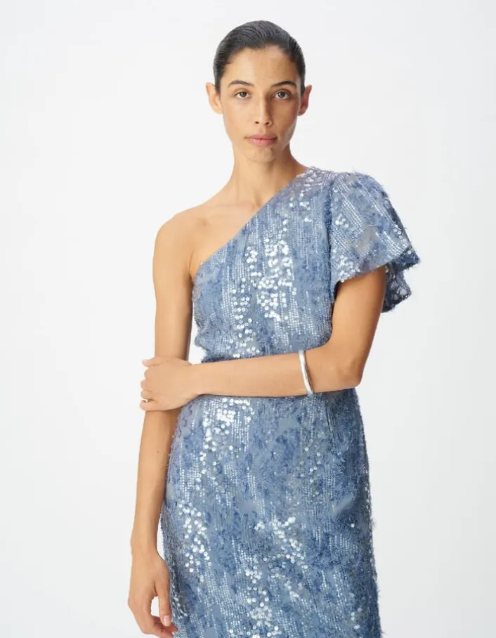 Robe longue bleue brodée sequins col asymétrique Femme