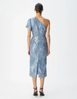 Robe longue bleue brodée sequins col asymétrique Femme