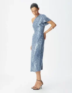 Robe longue bleue brodée sequins col asymétrique Femme