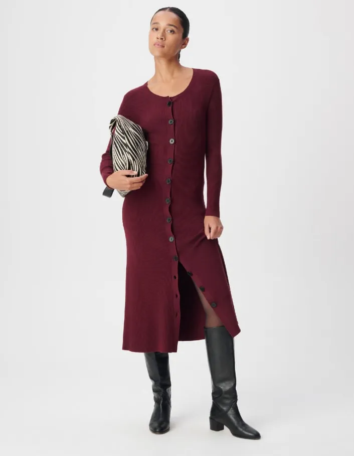 Robe longue bordeaux boutonnée tricot côtes plates Femme