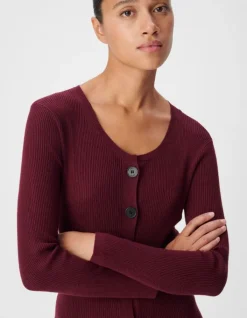 Robe longue bordeaux boutonnée tricot côtes plates Femme