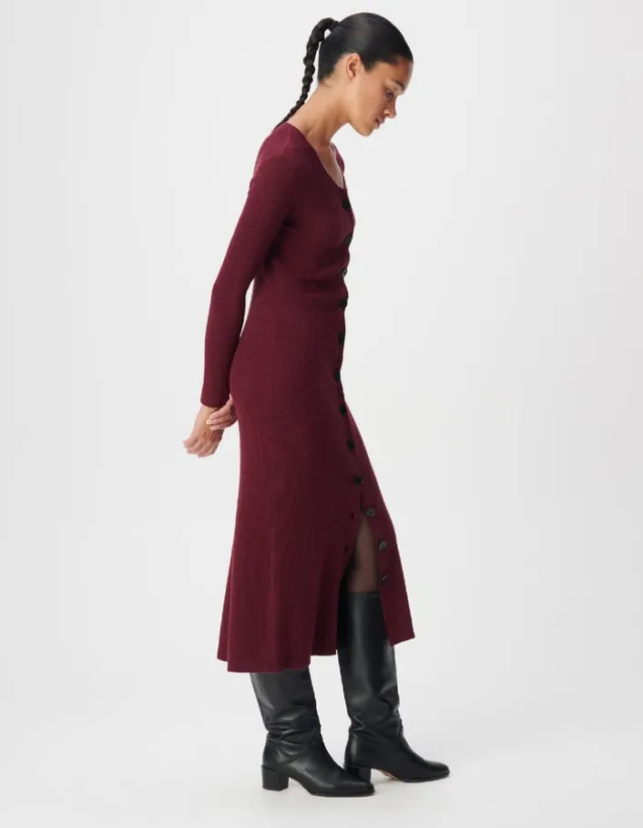 Robe longue bordeaux boutonnée tricot côtes plates Femme