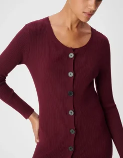 Robe longue bordeaux boutonnée tricot côtes plates Femme
