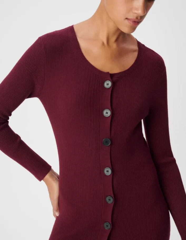 Robe longue bordeaux boutonnée tricot côtes plates Femme