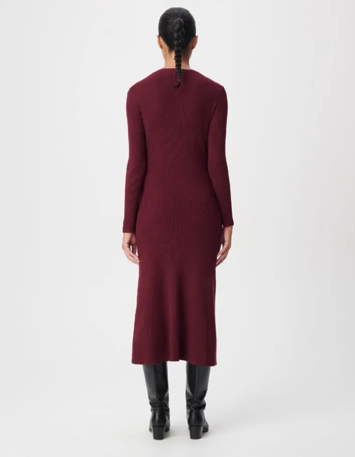 Robe longue bordeaux boutonnée tricot côtes plates Femme