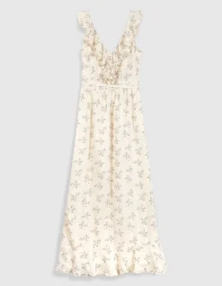 Robe longue écrue motif fleurs détails volants Femme
