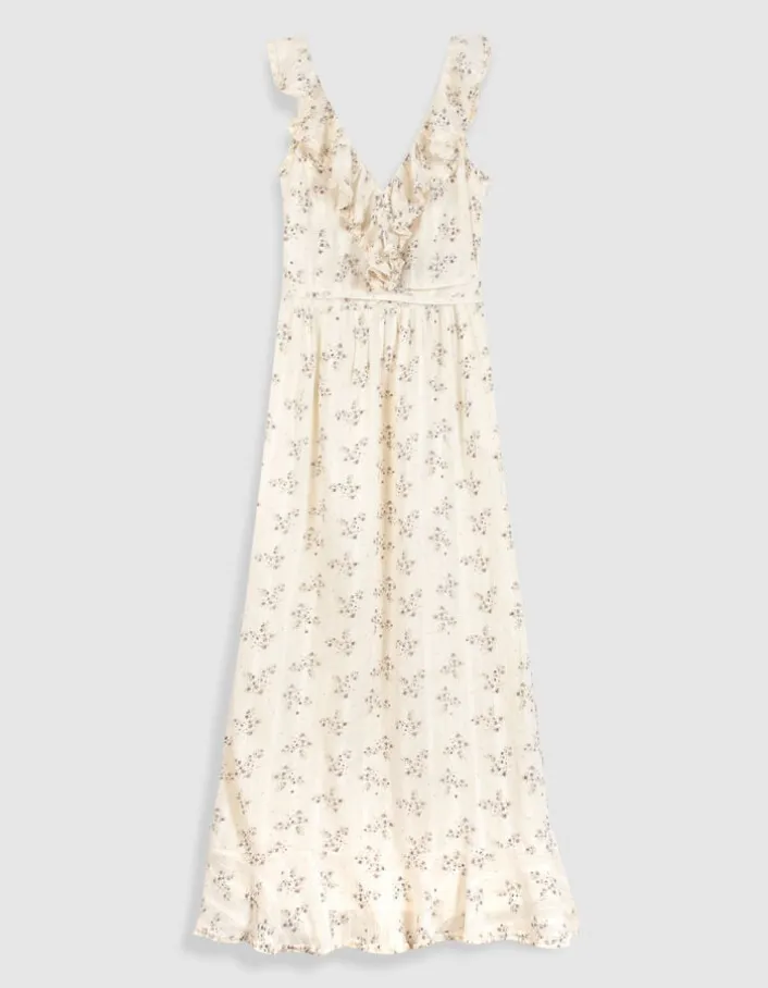 Robe longue écrue motif fleurs détails volants Femme