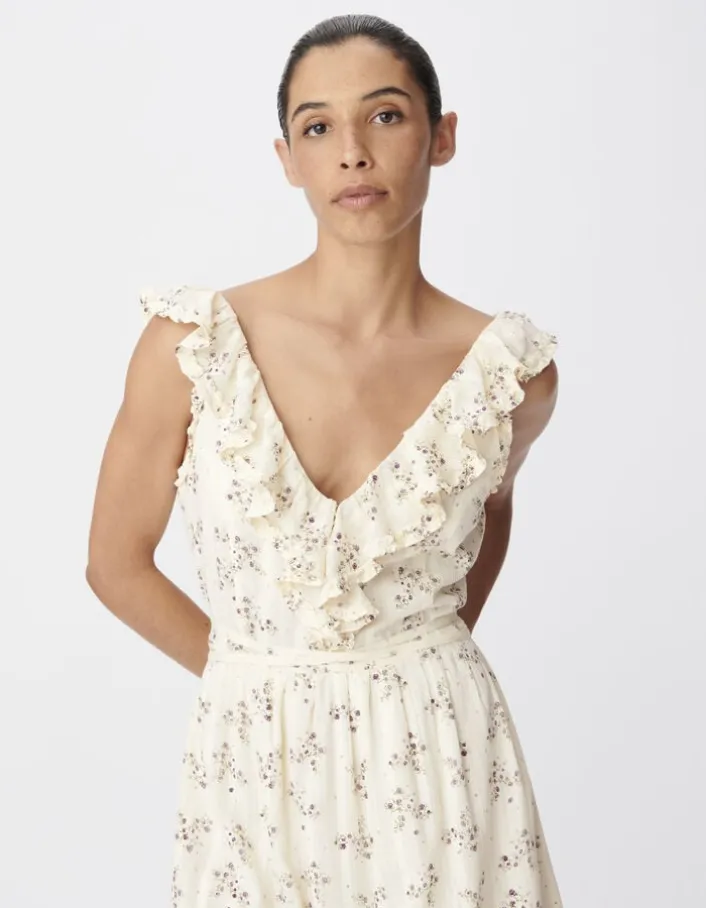 Robe longue écrue motif fleurs détails volants Femme