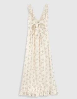 Robe longue écrue motif fleurs détails volants Femme