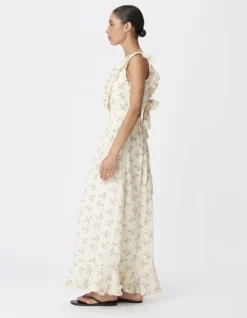 Robe longue écrue motif fleurs détails volants Femme