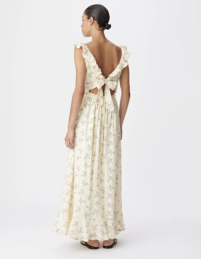 Robe longue écrue motif fleurs détails volants Femme