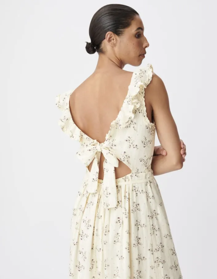 Robe longue écrue motif fleurs détails volants Femme