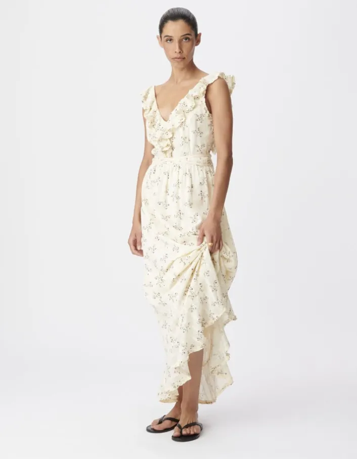 Robe longue écrue motif fleurs détails volants Femme