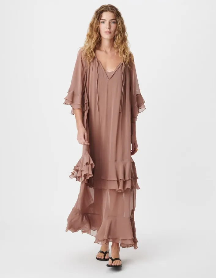Robe longue fluide blush avec volants Femme